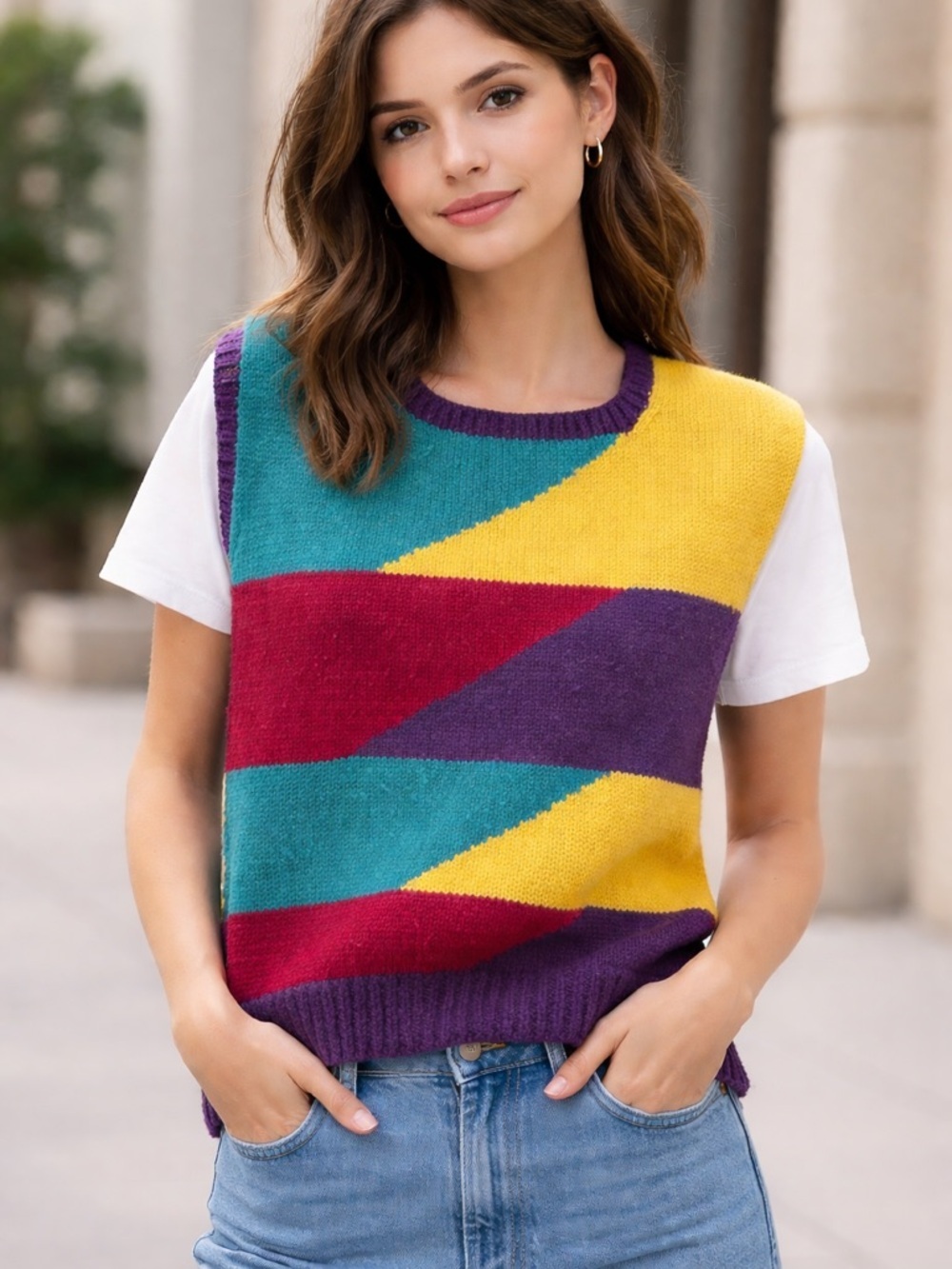 Colorblock Knit Sleeveless Sweater Vest - Yellow, Teal, Purple, Red